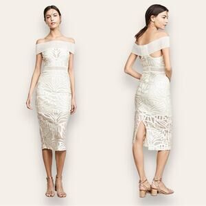 Alice McCall Lunar Eclipse Midi Dress Off Shoulder Mesh Devoré Oatmeal 0 Women’s